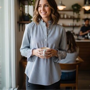 Ann Taylor Women Preppy Striped Popover Button Up Shirt S Ruffle Sleeves